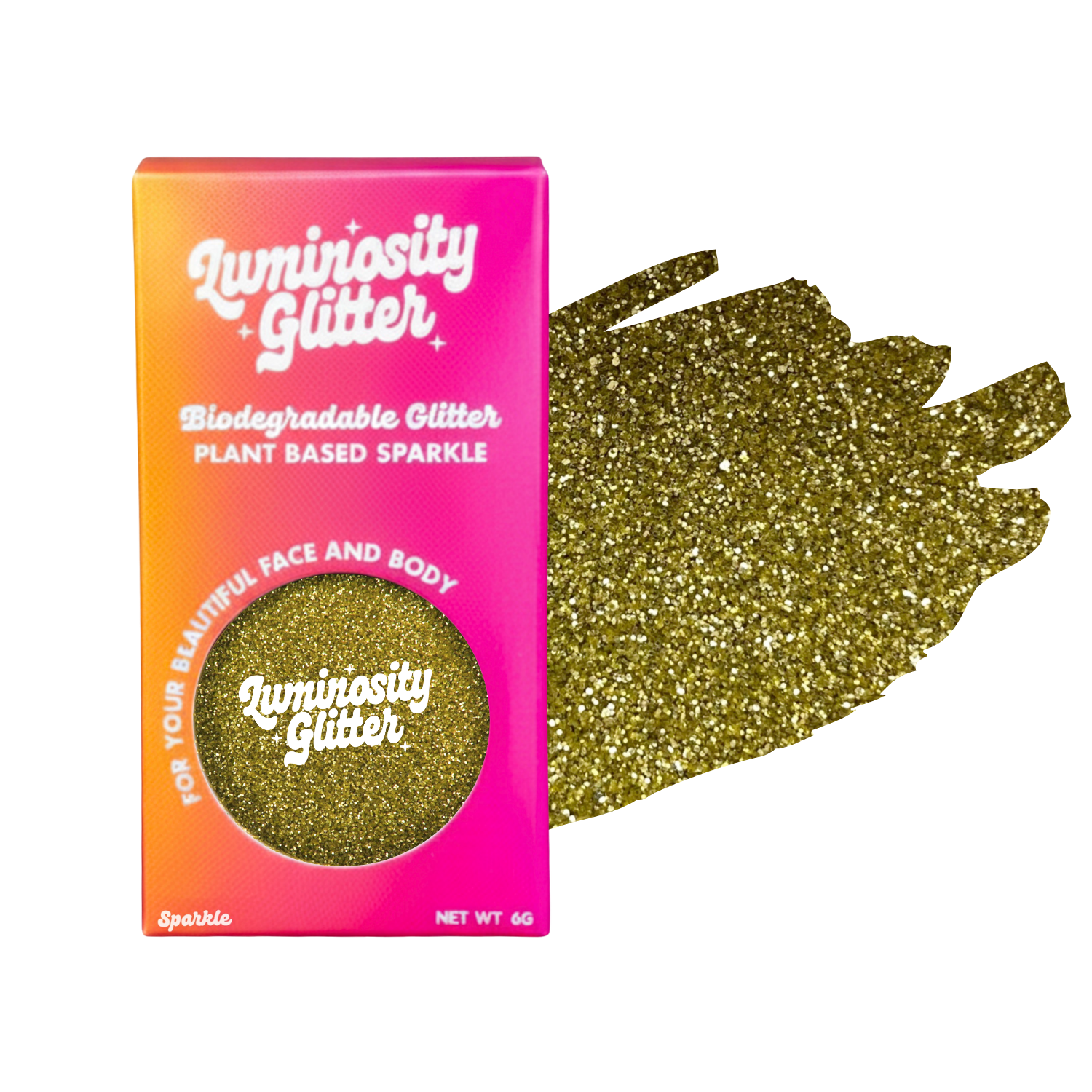 Luminosity Glitter packaging with gold glitter on a white background