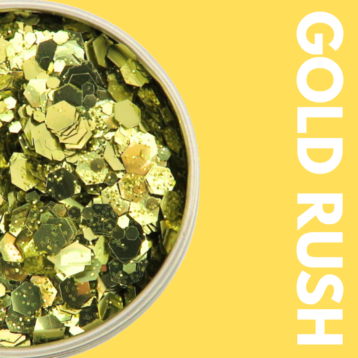 Gold Rush Glitter Blend in a Luminosity Glitter pot and packaging box