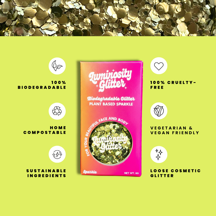 Gold Rush Glitter Blend features infographic: biodegradable cosmetic glitter by Luminosity Glitter