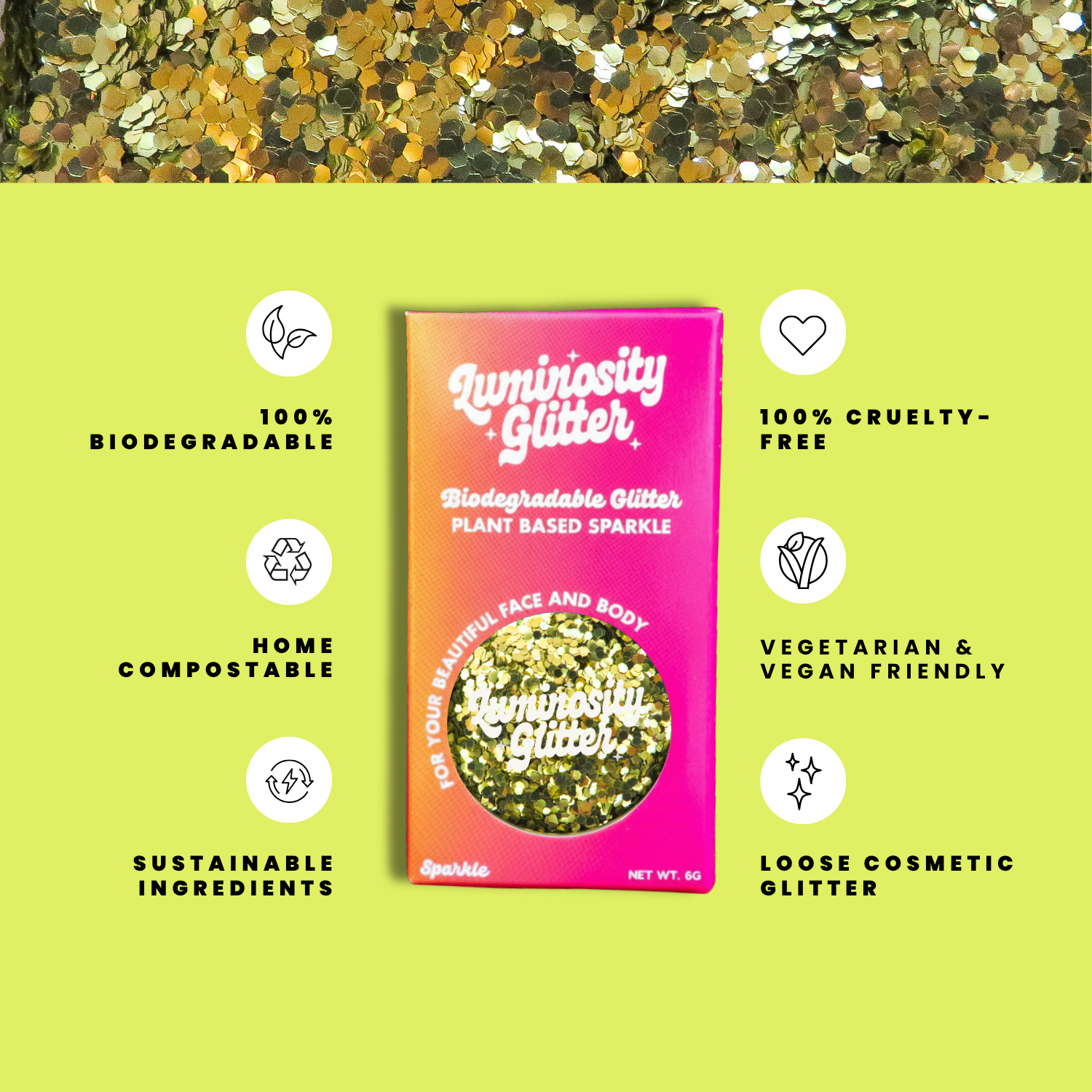 Luminosity Glitter packaging with sustainability features on a green background