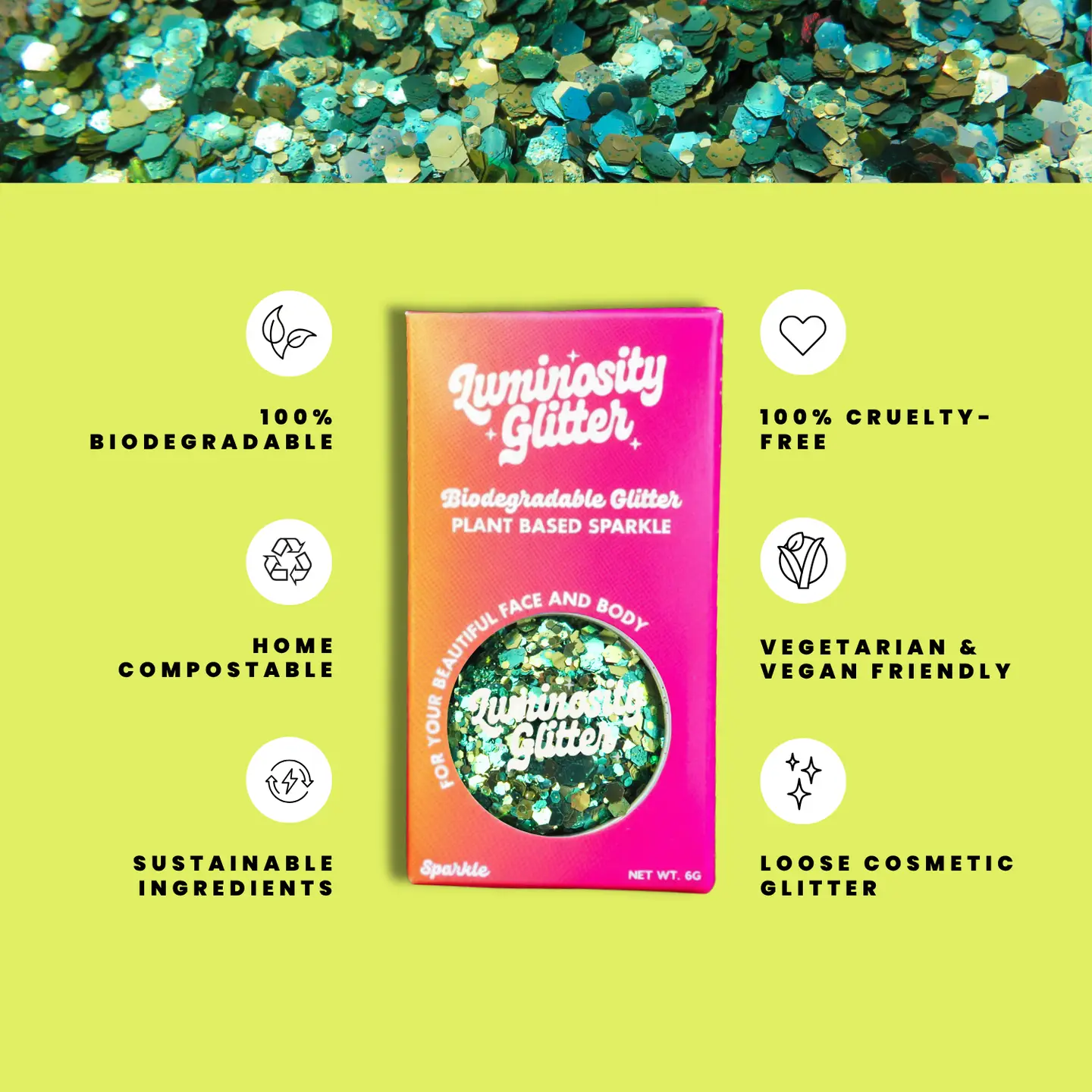 Luminiosity Glitter packaging with sustainability features on a green background