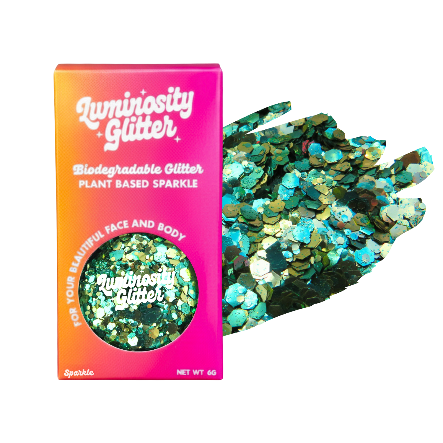 Luminosity Glitter packaging with green glitter on a white background