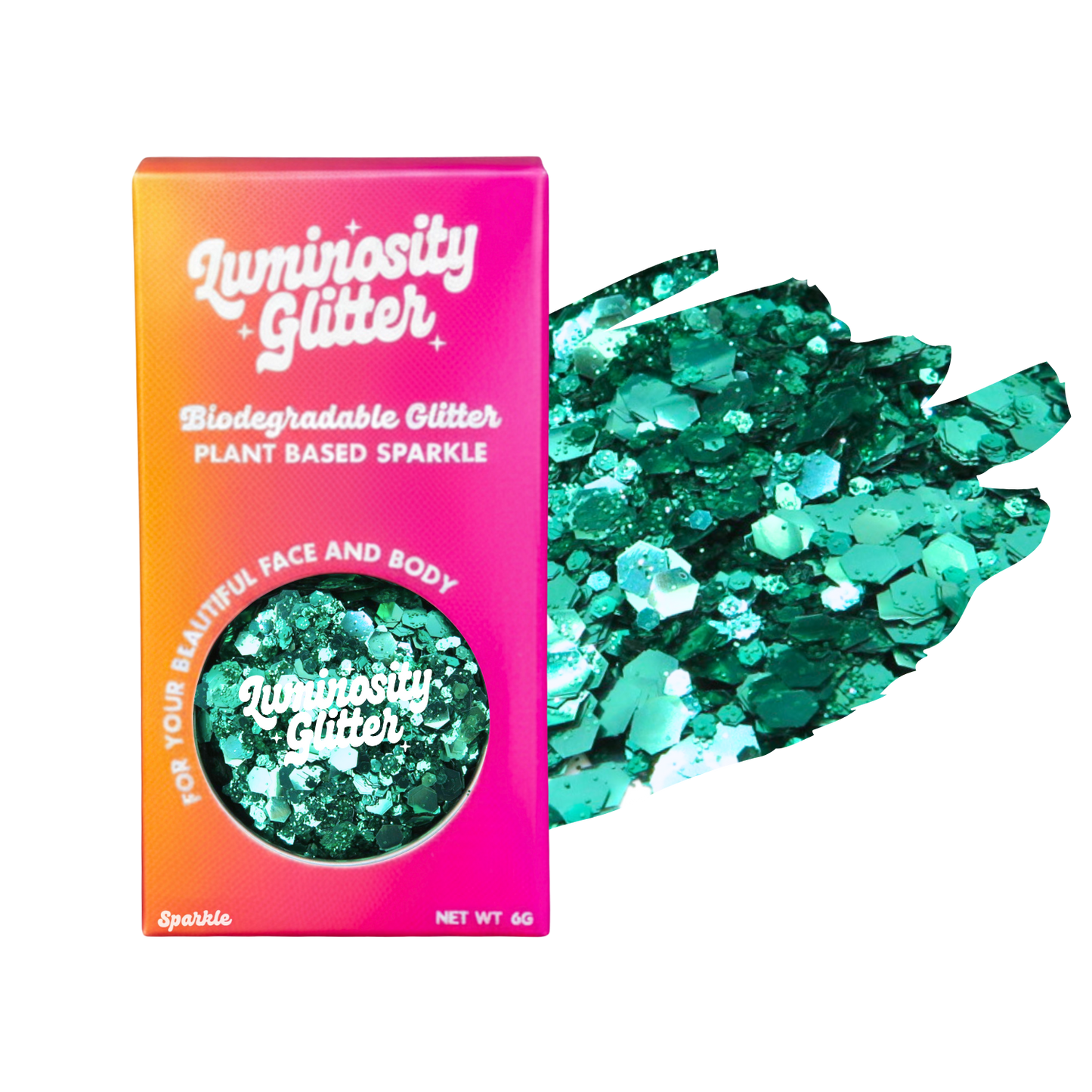 Luminosity Glitter packaging with green glitter on a white background