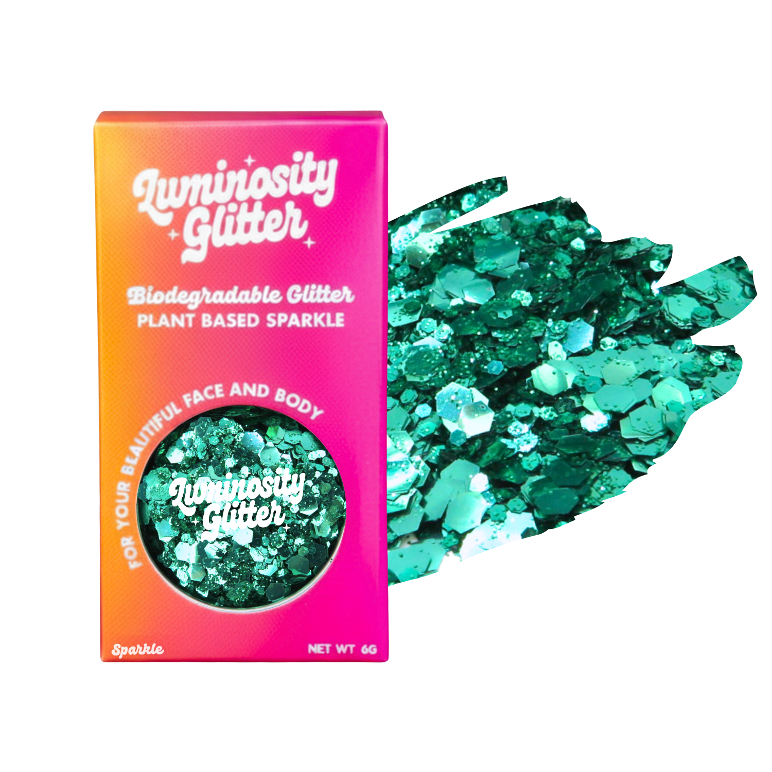 Luminosity Glitter packaging with green glitter on a white background