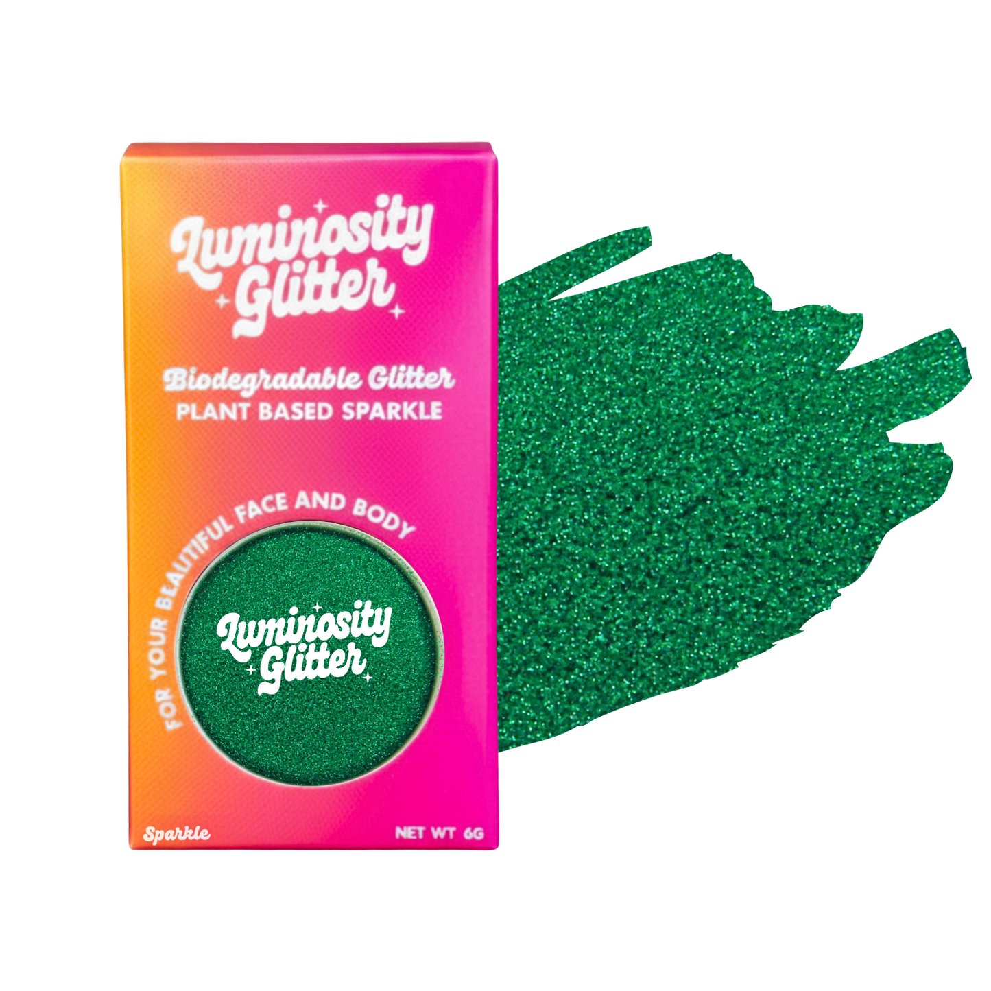Luminosity Glitter packaging with green glitter on a white background