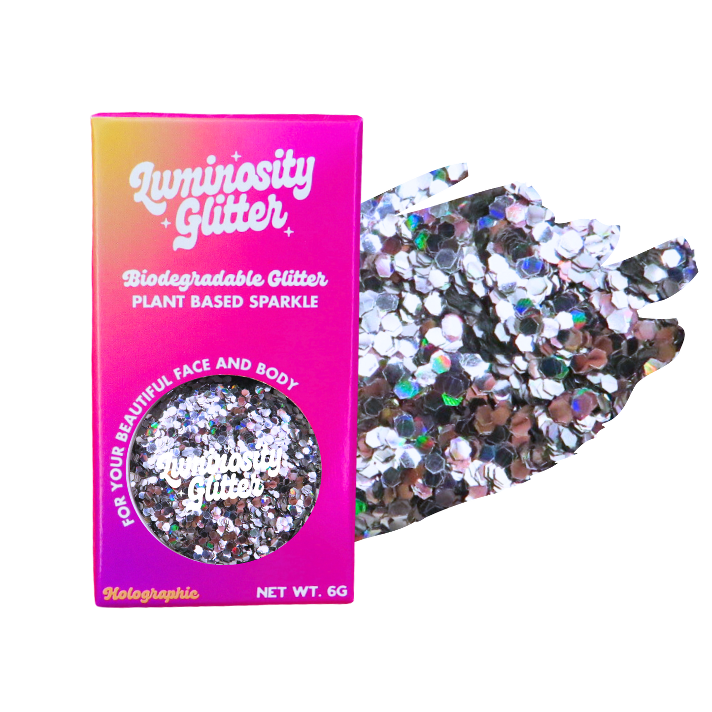 Biodegradable glitter packaging with holographic glitter on a white background