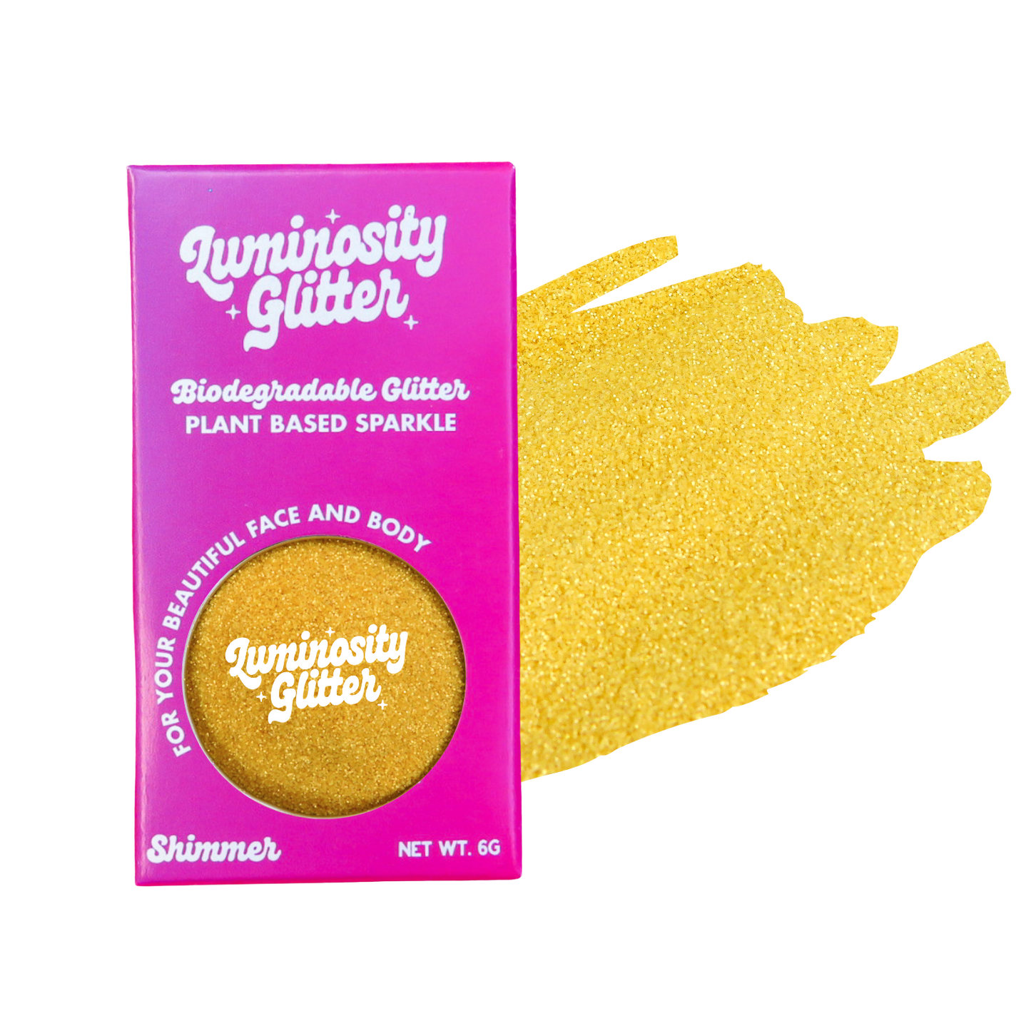 Luminosity Glitter packaging with a sample of gold glitter on a white background