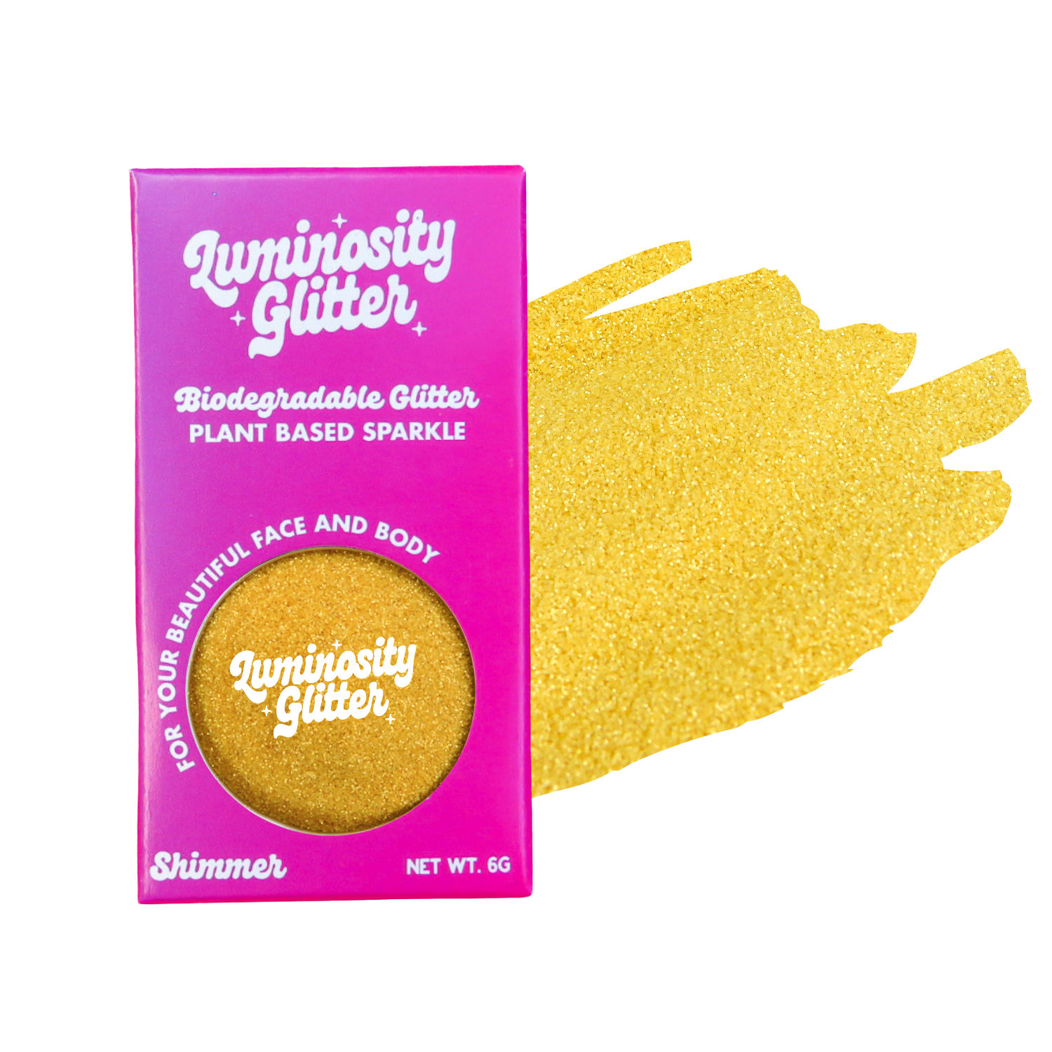 Luminosity Glitter packaging with a sample of gold glitter on a white background