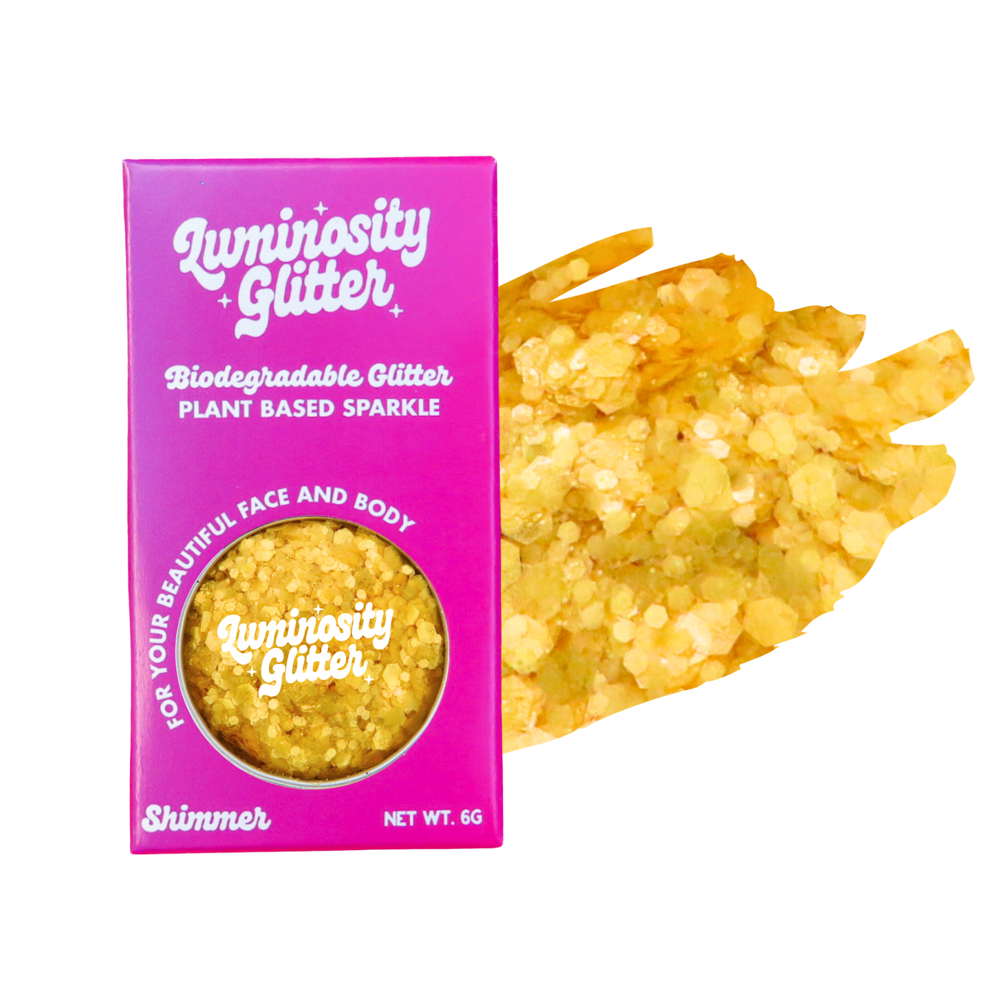 Luminosity Glitter packaging with a sample of glitter on a white background