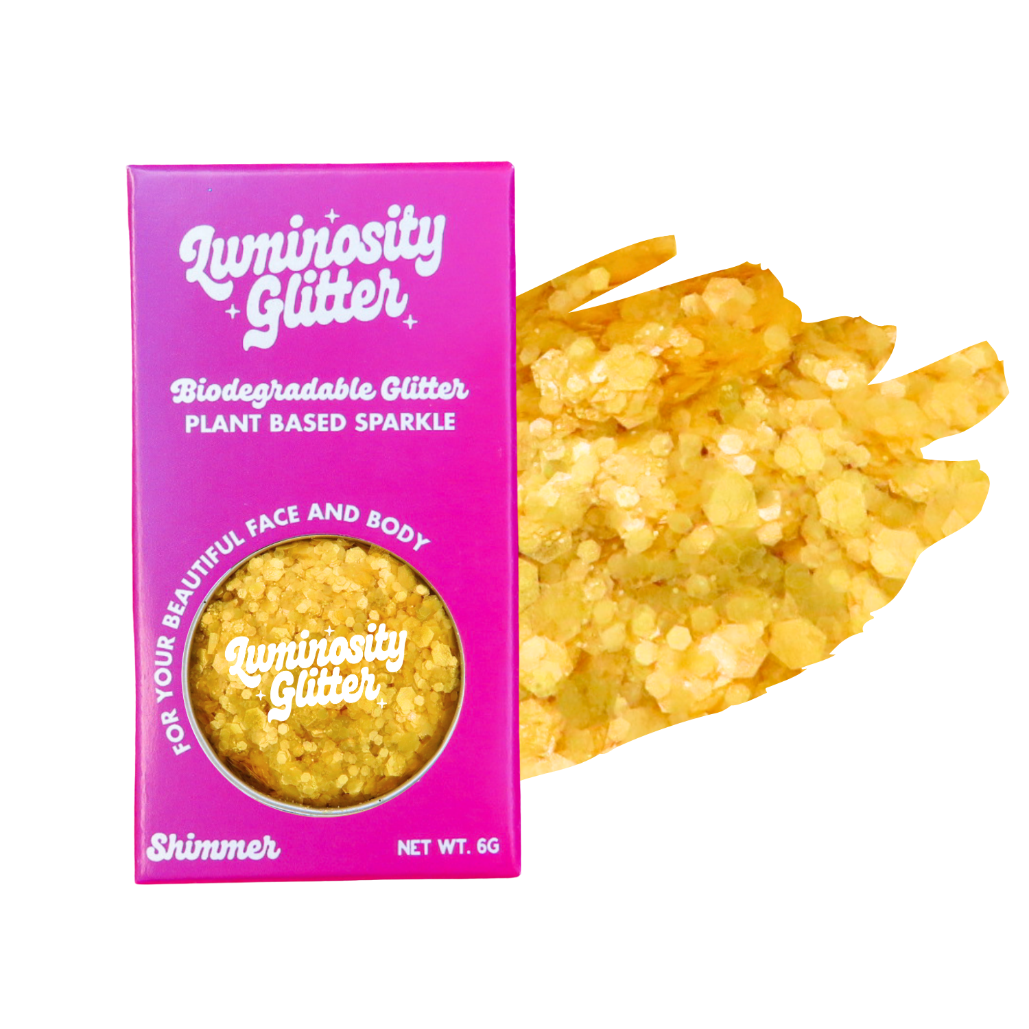 Luminosity Glitter packaging with a sample of glitter on a white background