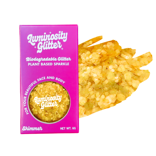 Luminosity Glitter packaging with a sample of glitter on a white background