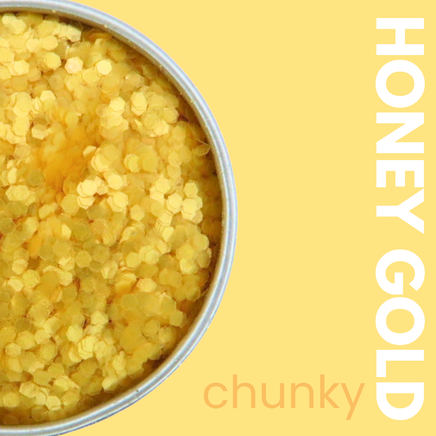 Close-up of a tin of chunky glitter with 'Honey Gold' text on a yellow background