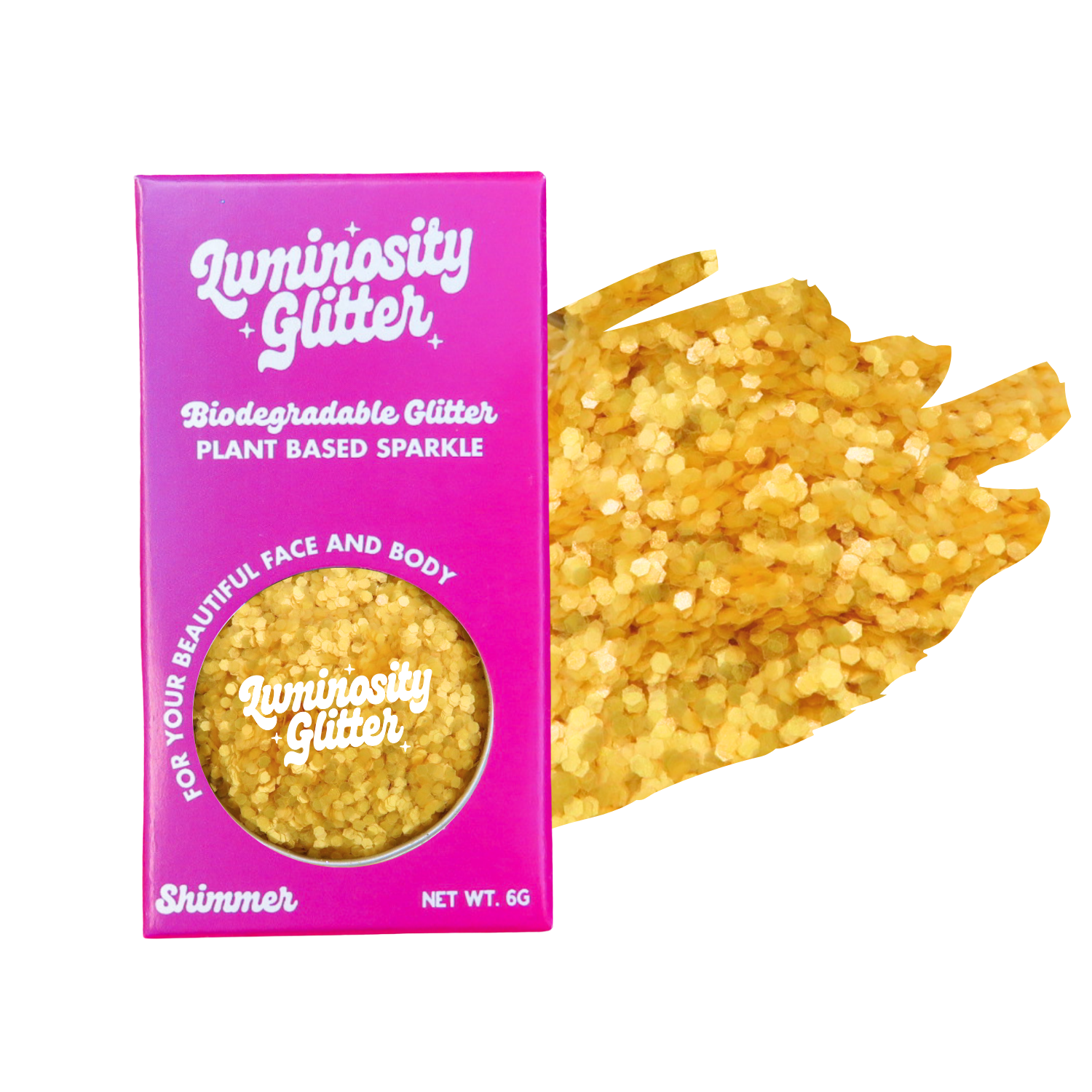 Luminosity Glitter packaging with yellow glitter on a white background