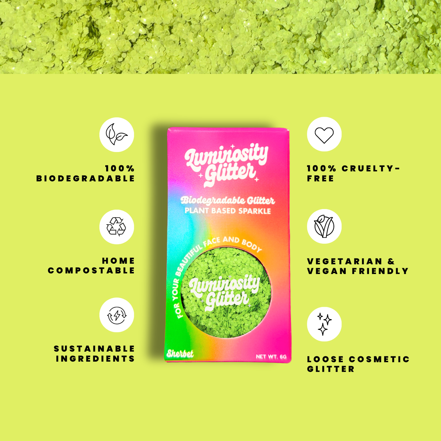 Luminosity Glitter packaging with sustainability features on a green background
