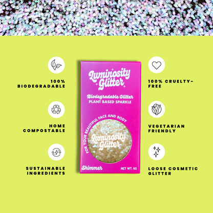 Luminosity Glitter packaging with sustainability features on a green background