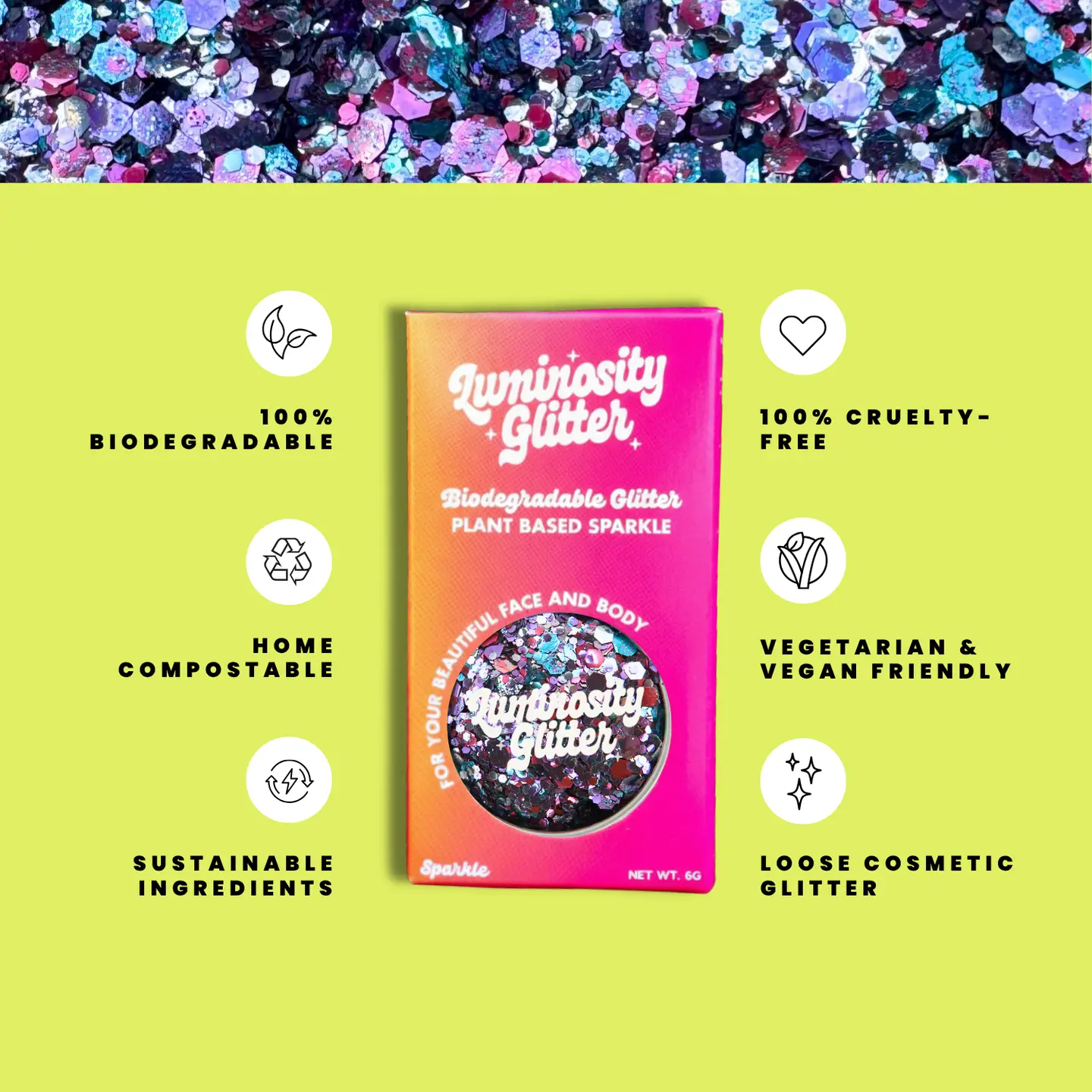 Luminosity Glitter packaging with sustainability features on a green background