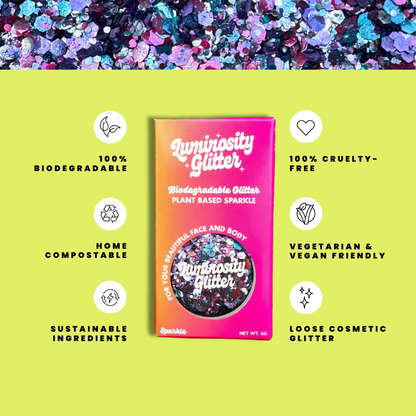 Luminosity Glitter packaging with sustainability features on a green background