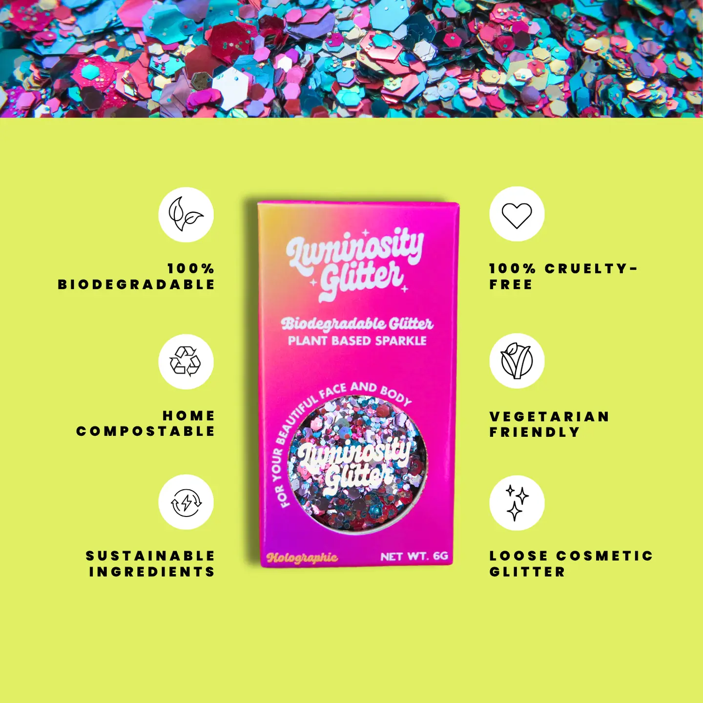 Luminosity Glitter packaging with sustainability features on a green background