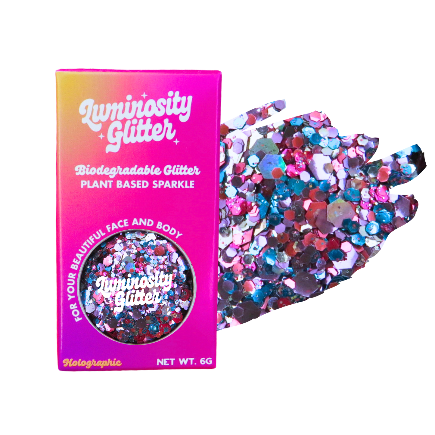 Luminosity Glitter packaging with biodegradable and plant-based sparkle on a white background