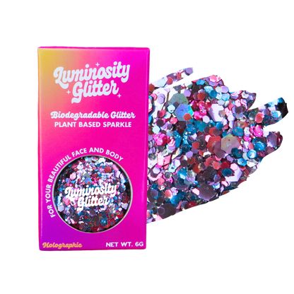 Luminosity Glitter packaging with biodegradable and plant-based sparkle on a white background