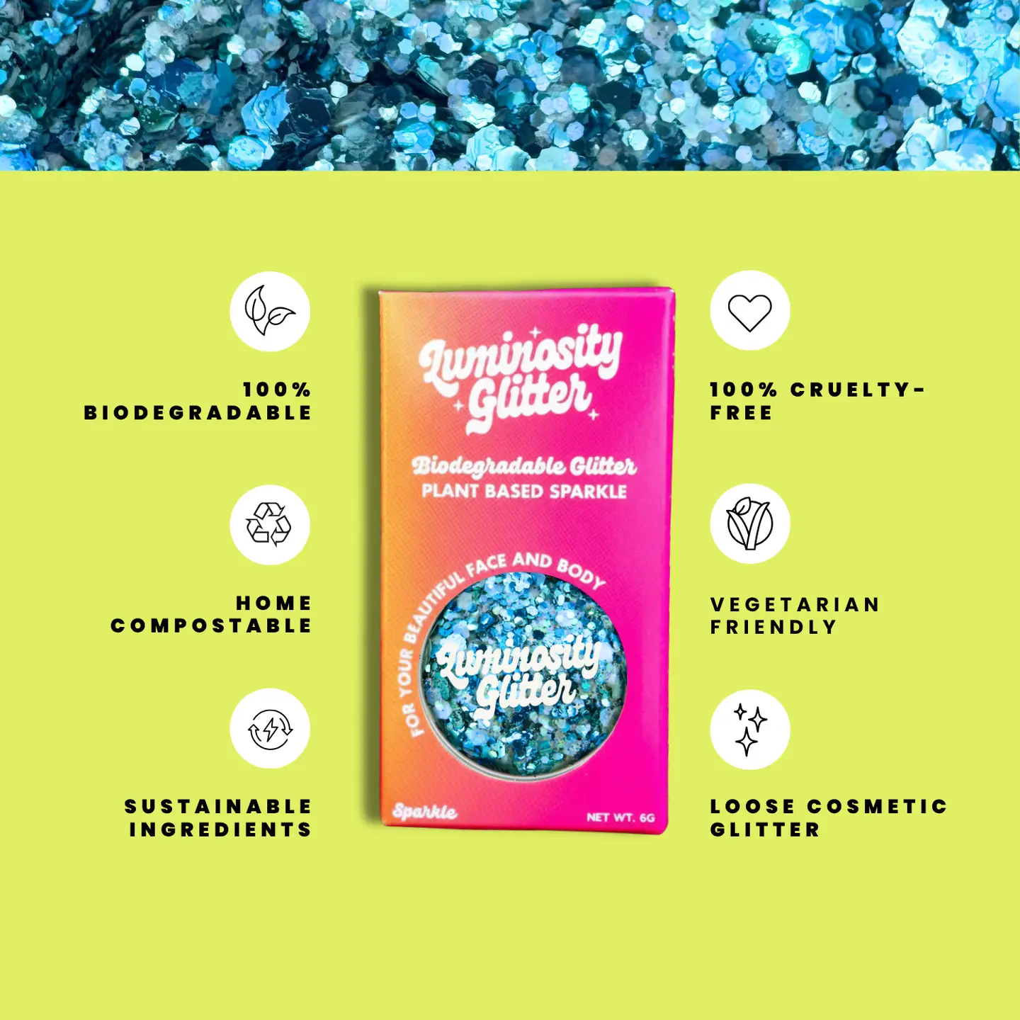 Luminosity Glitter packaging with sustainability features on a green background
