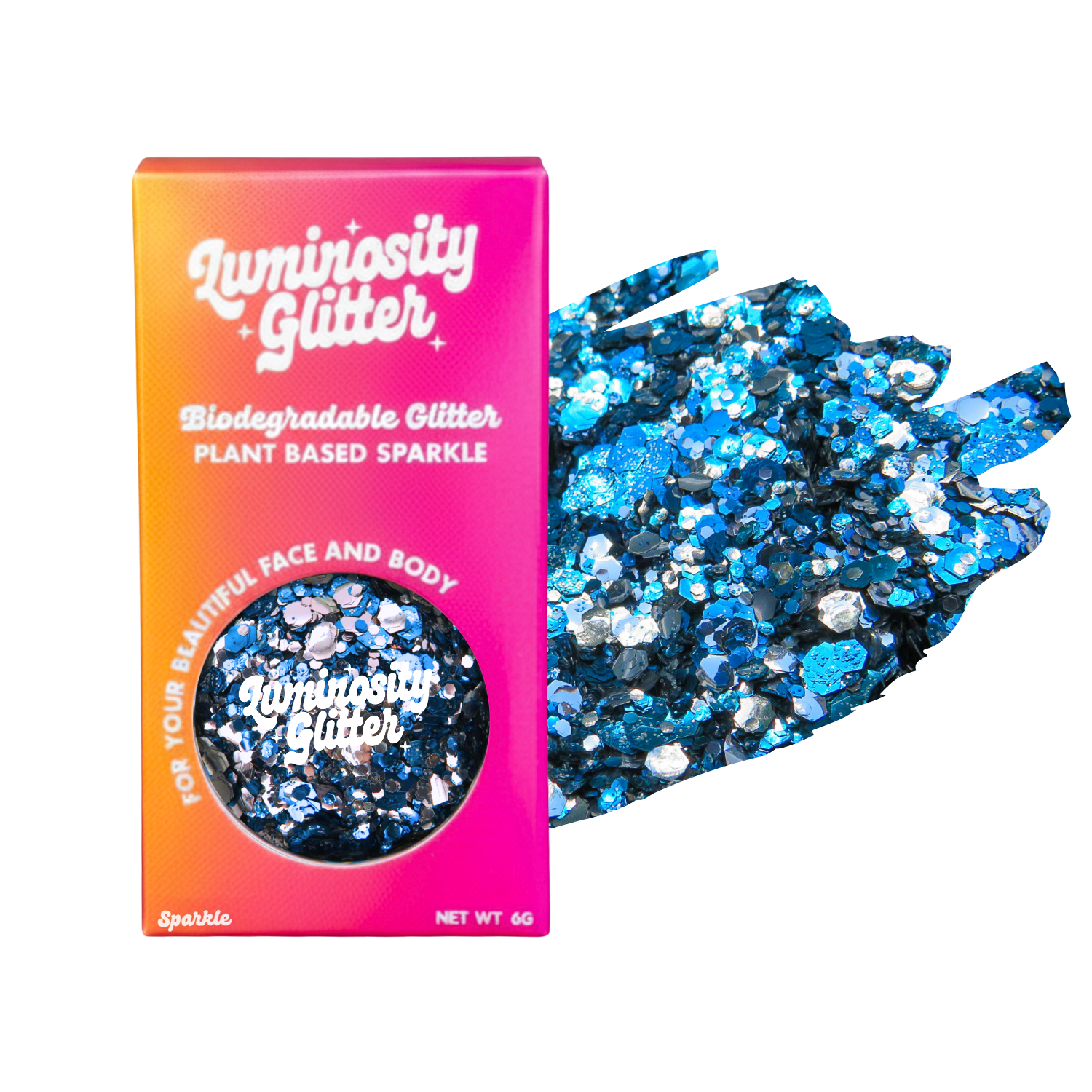 Luminosity Glitter packaging with blue glitter on a white background