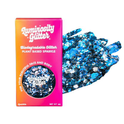 Luminosity Glitter packaging with blue glitter on a white background
