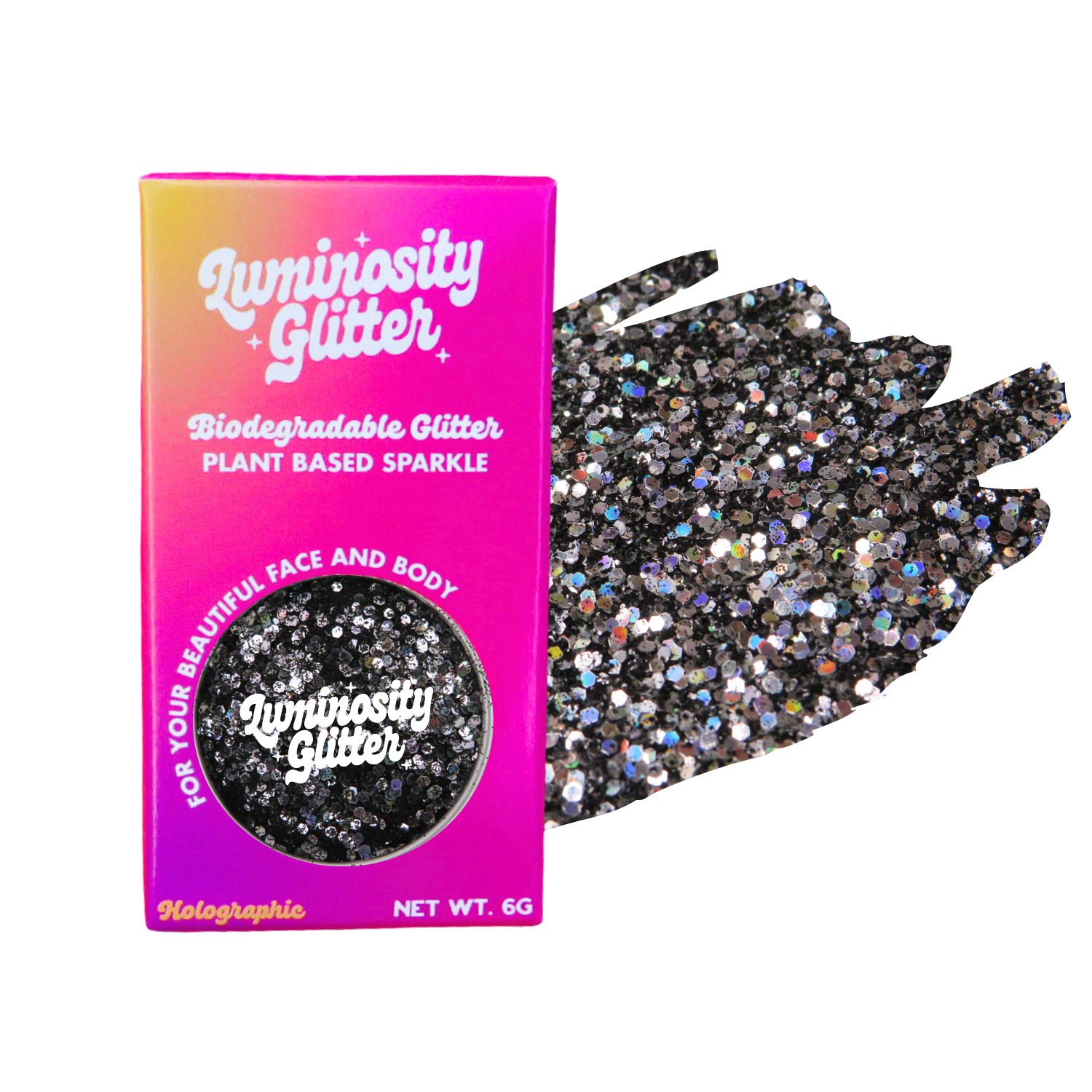 Luminosity Glitter packaging with a black glittery glove on a white background