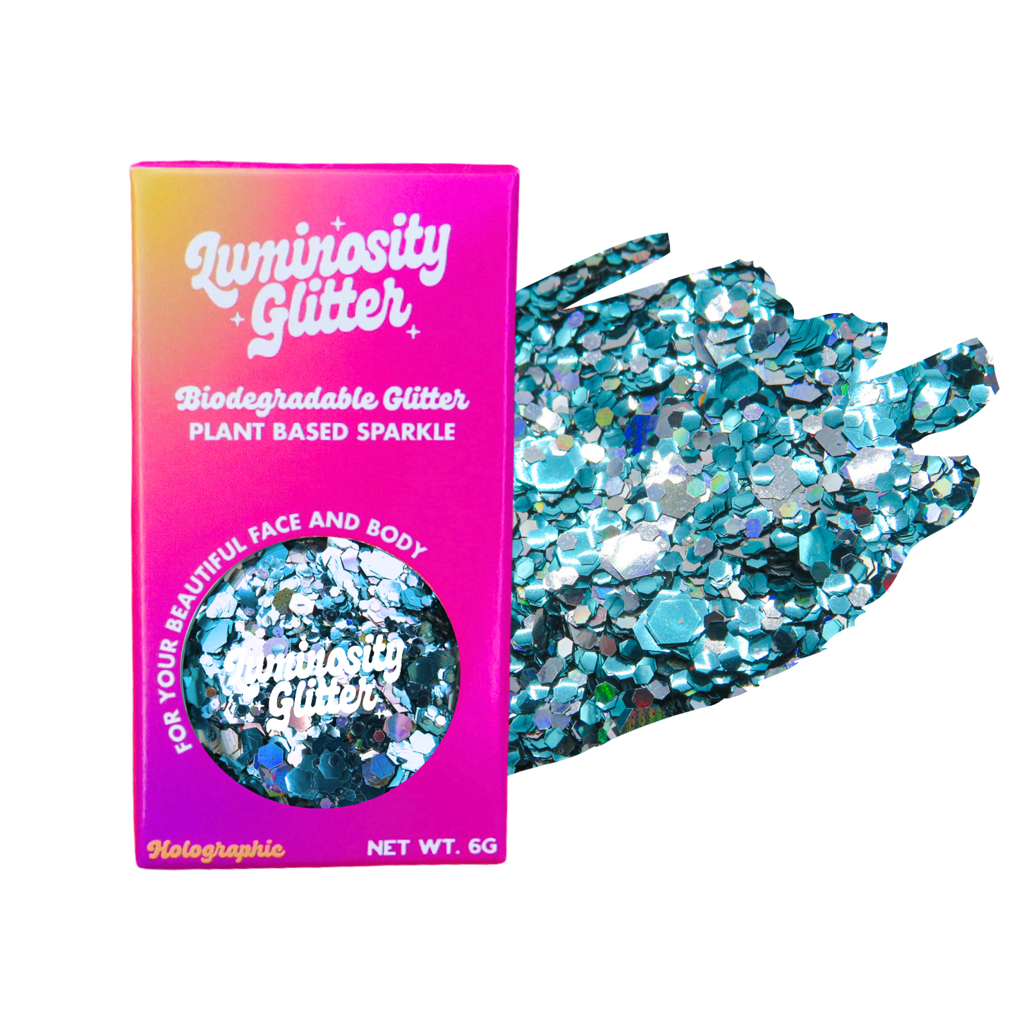 Blue and Holographic silver glitter in a bright ombre packaging box