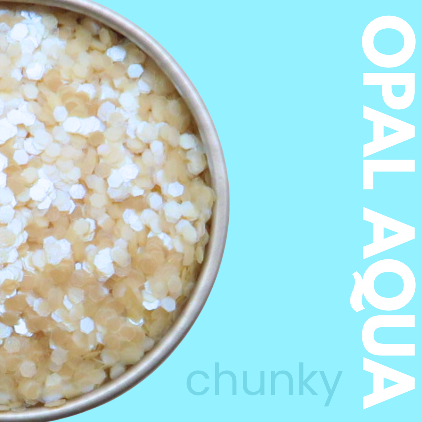 Opal Aqua chunky glitter in a tin with a blue background