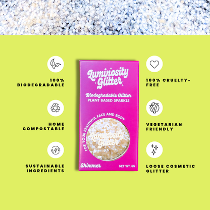 Luminosity Glitter packaging with sustainability features on a green background
