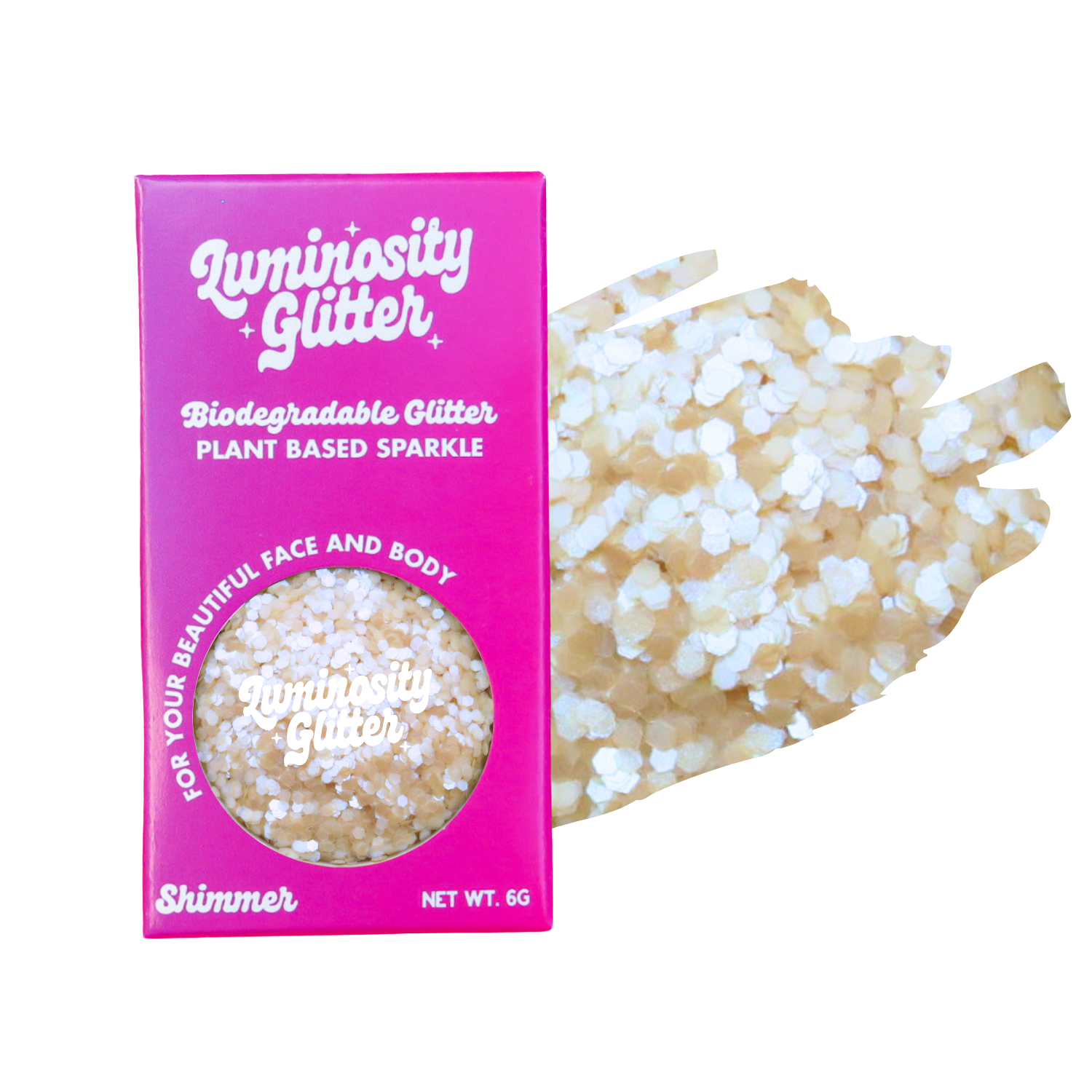Biodegradable glitter packaging with a sample of glitter on a white background