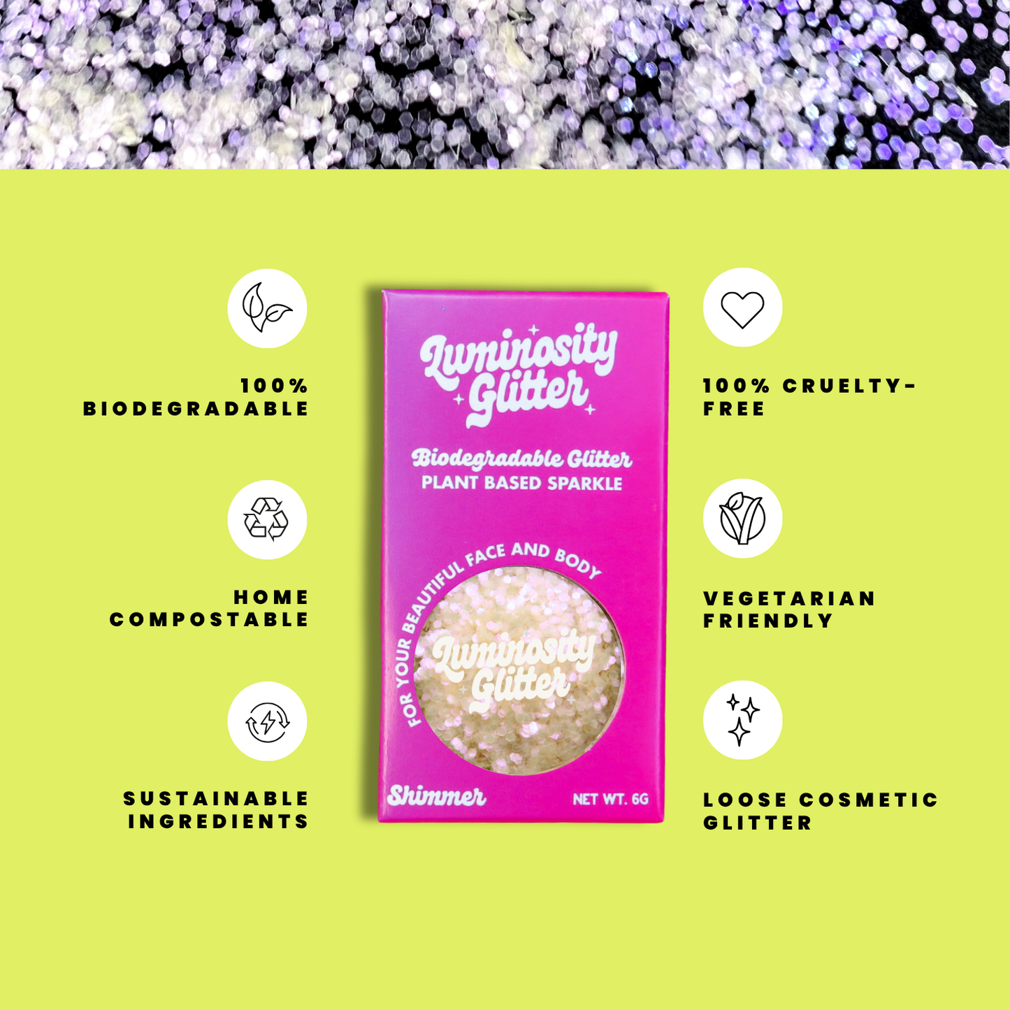 Luminosity Glitter packaging with sustainability features on a green background