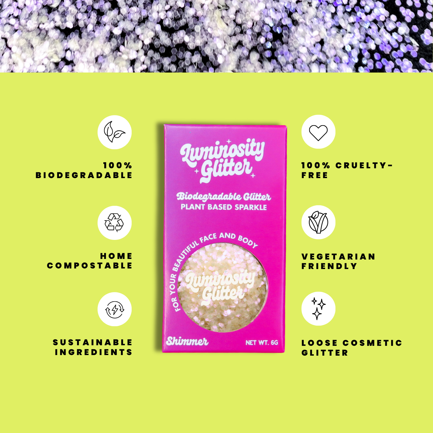 Luminosity Glitter packaging with sustainability features on a green background