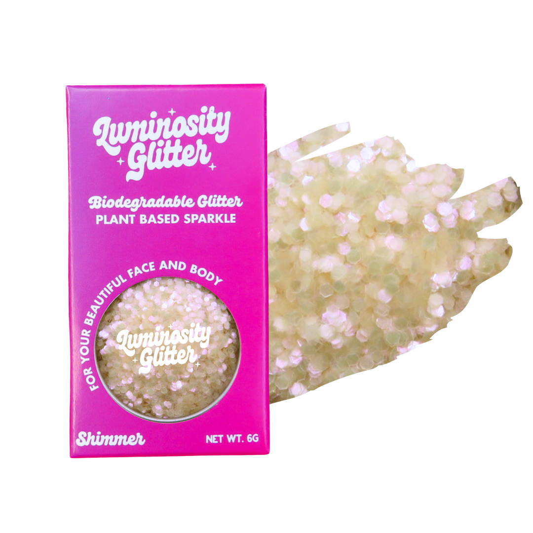 Luminosity Glitter packaging with a sample of glitter on a white background