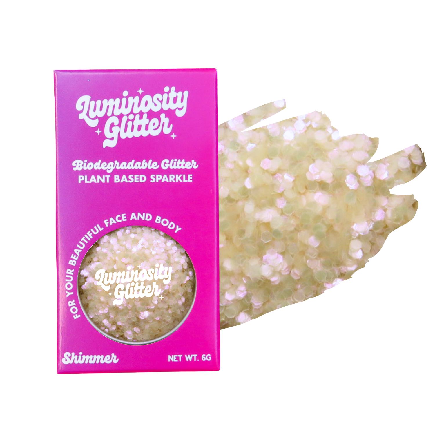 Luminosity Glitter packaging with a sample of glitter on a white background