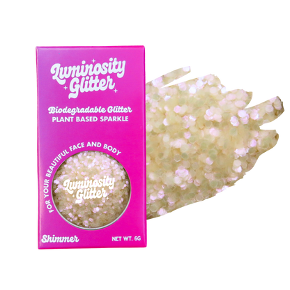 Luminosity Glitter packaging with a sample of glitter on a white background