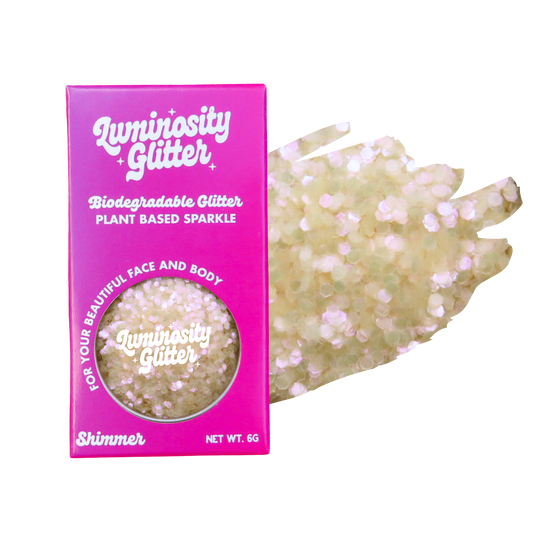 Luminosity Glitter packaging with a sample of glitter on a white background