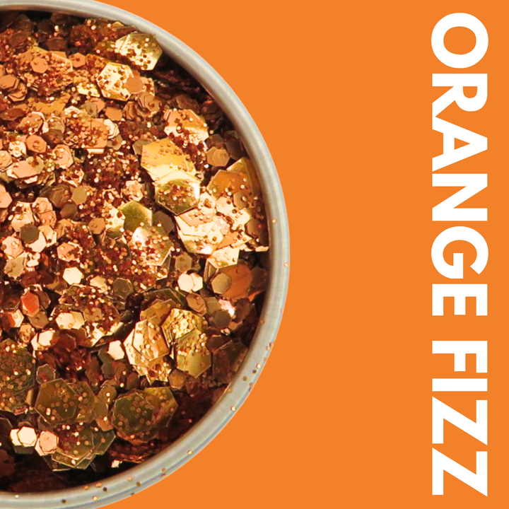 Orange Fizz Glitter Blend in a Luminosity Glitter pot and packaging box