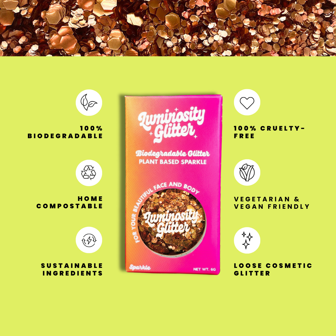 Orange Fizz Glitter Blend features infographic: biodegradable cosmetic glitter by Luminosity Glitter