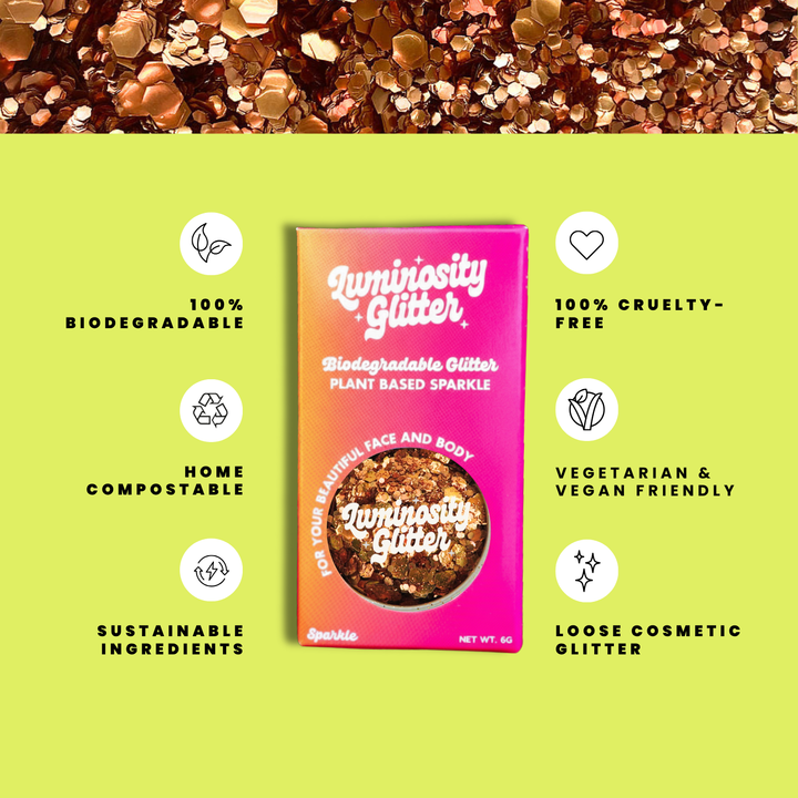 Orange Fizz Glitter Blend features infographic: biodegradable cosmetic glitter by Luminosity Glitter