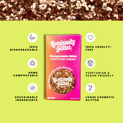 Luminosity Glitter packaging with sustainability features on a green background