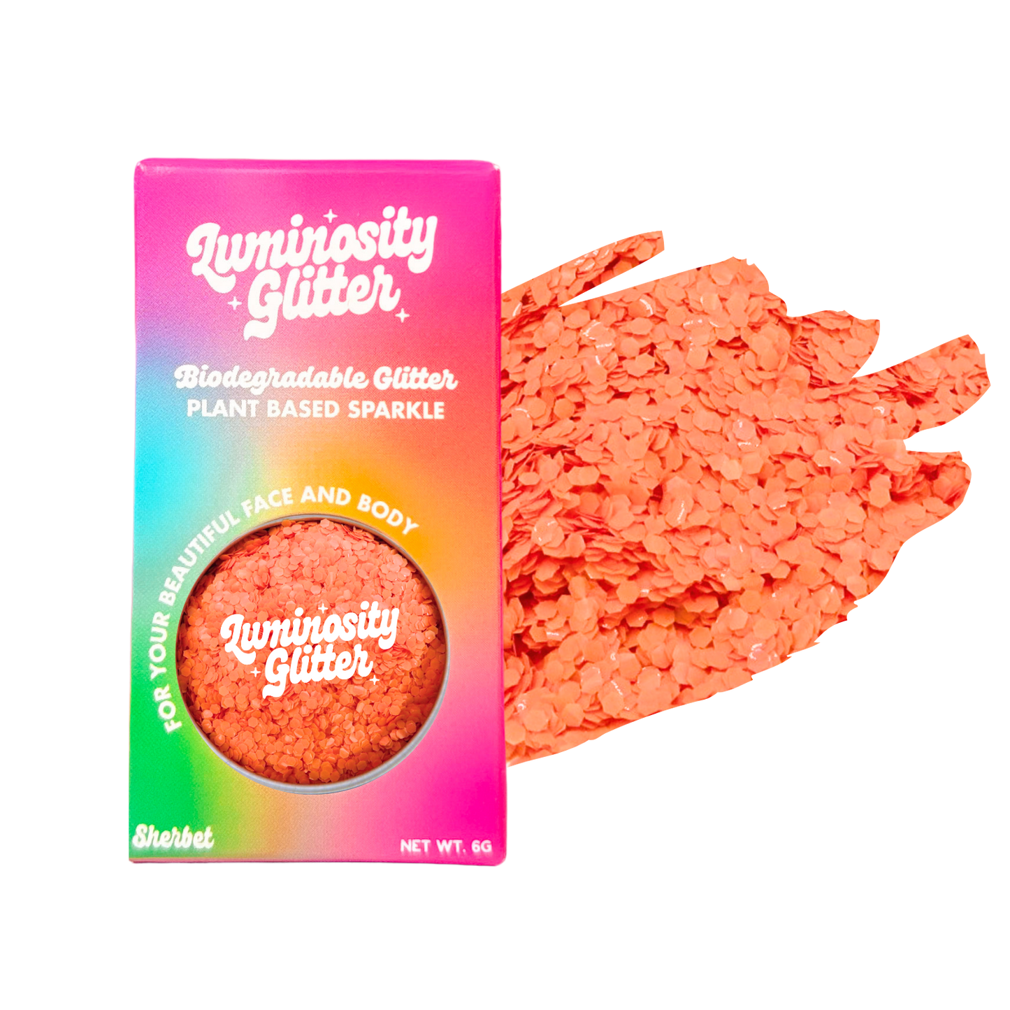 Luminosity Glitter packaging with coral glitter on a white background