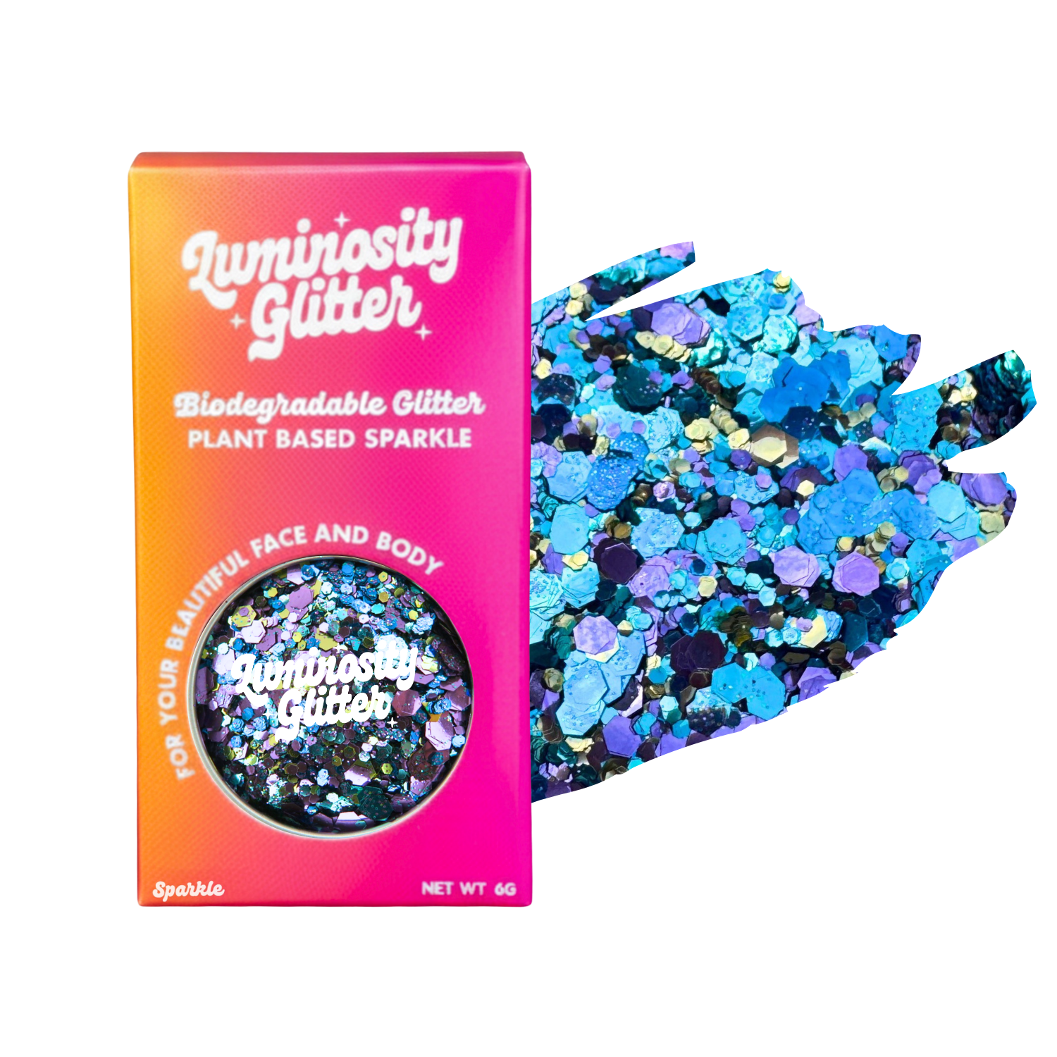 Peacock blend of blue, purple and gold glitter in a luminosity glitter packaging box