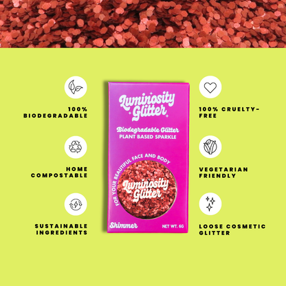 Luminosity Glitter packaging with sustainability features on a green background