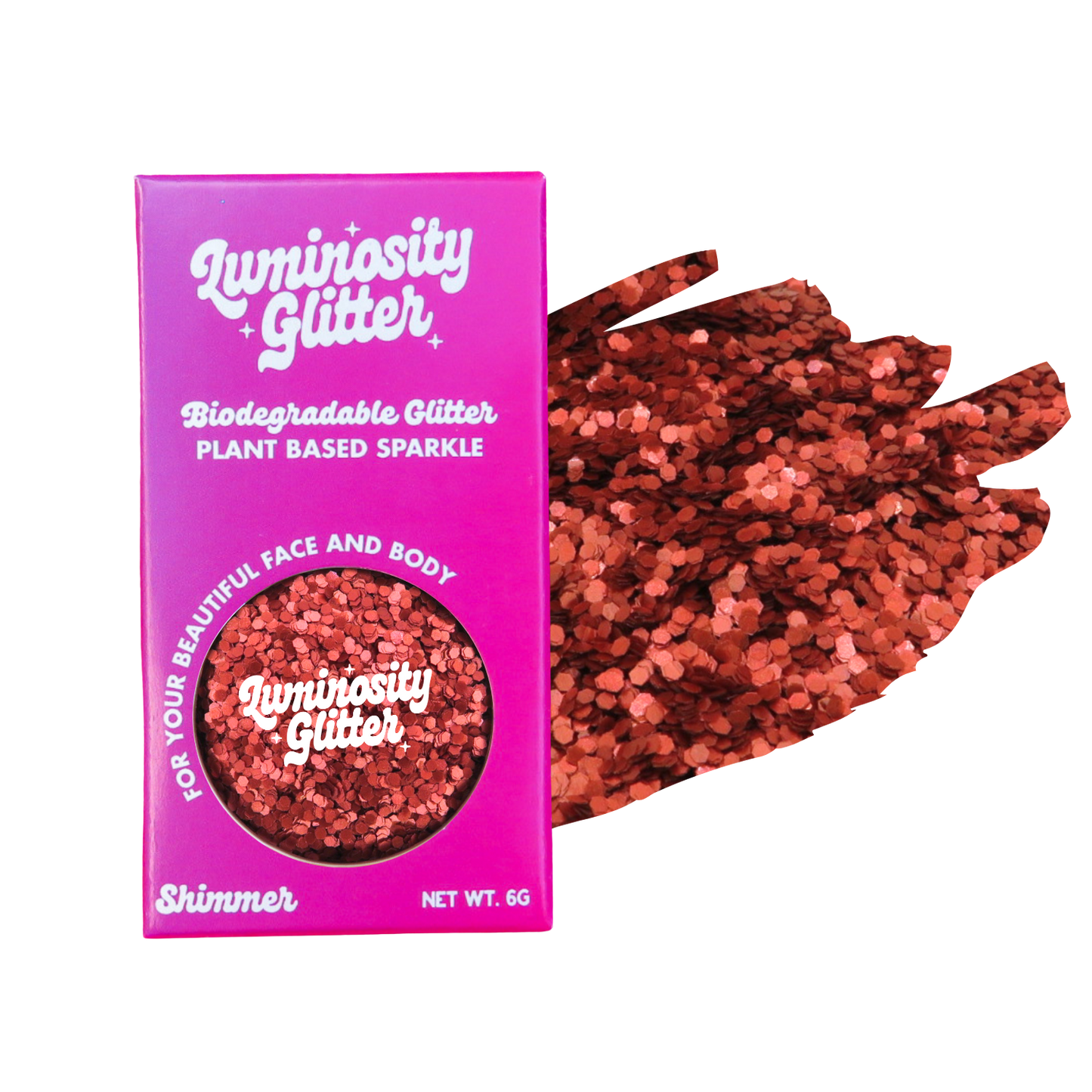 Luminosity Glitter packaging with red glitter on a white background