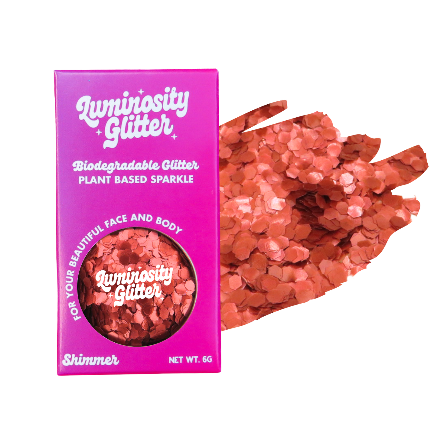 Luminosity Glitter packaging with pink glitter on a white background