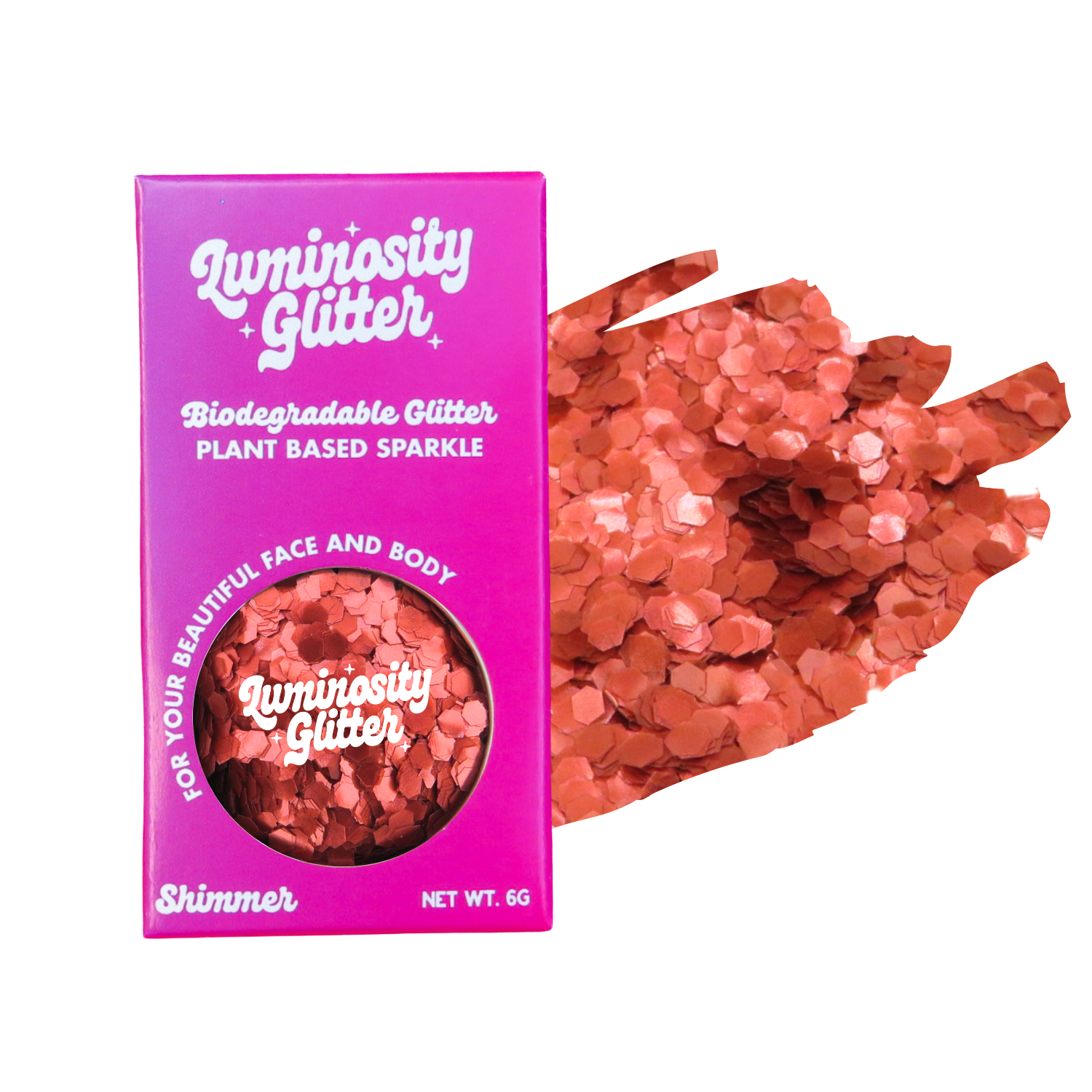 Luminosity Glitter packaging with pink glitter on a white background