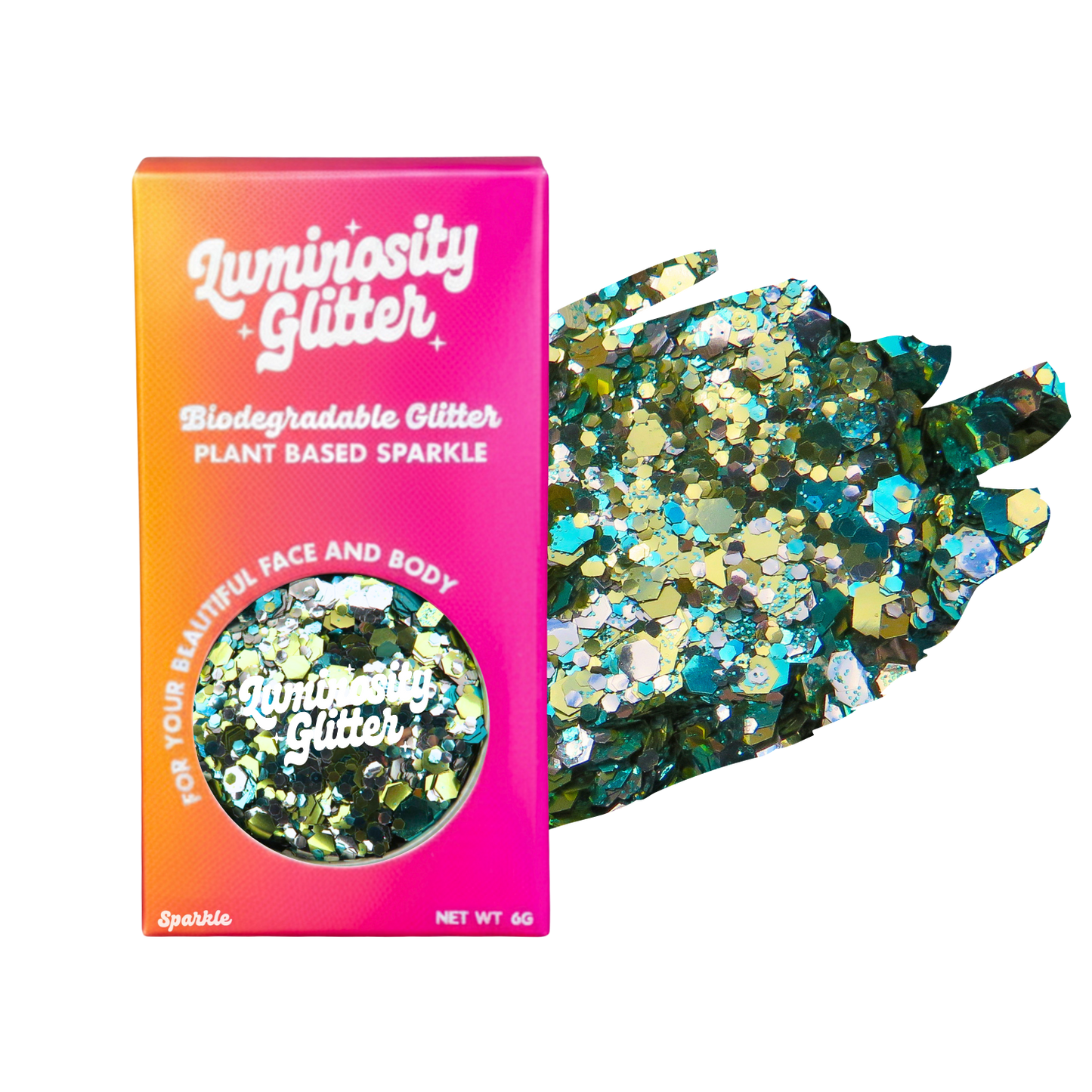 Luminosity Glitter packaging with biodegradable and plant-based sparkle, featuring a colorful gradient.