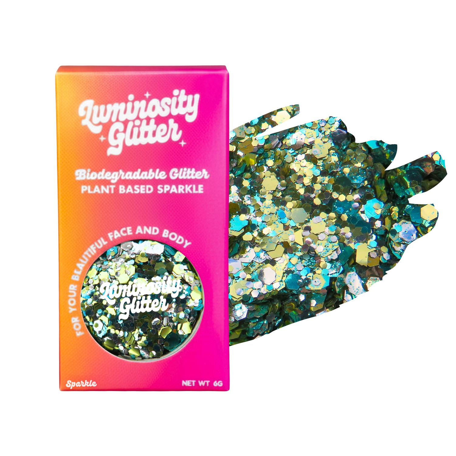 Luminosity Glitter packaging with biodegradable and plant-based sparkle, featuring a colorful gradient.